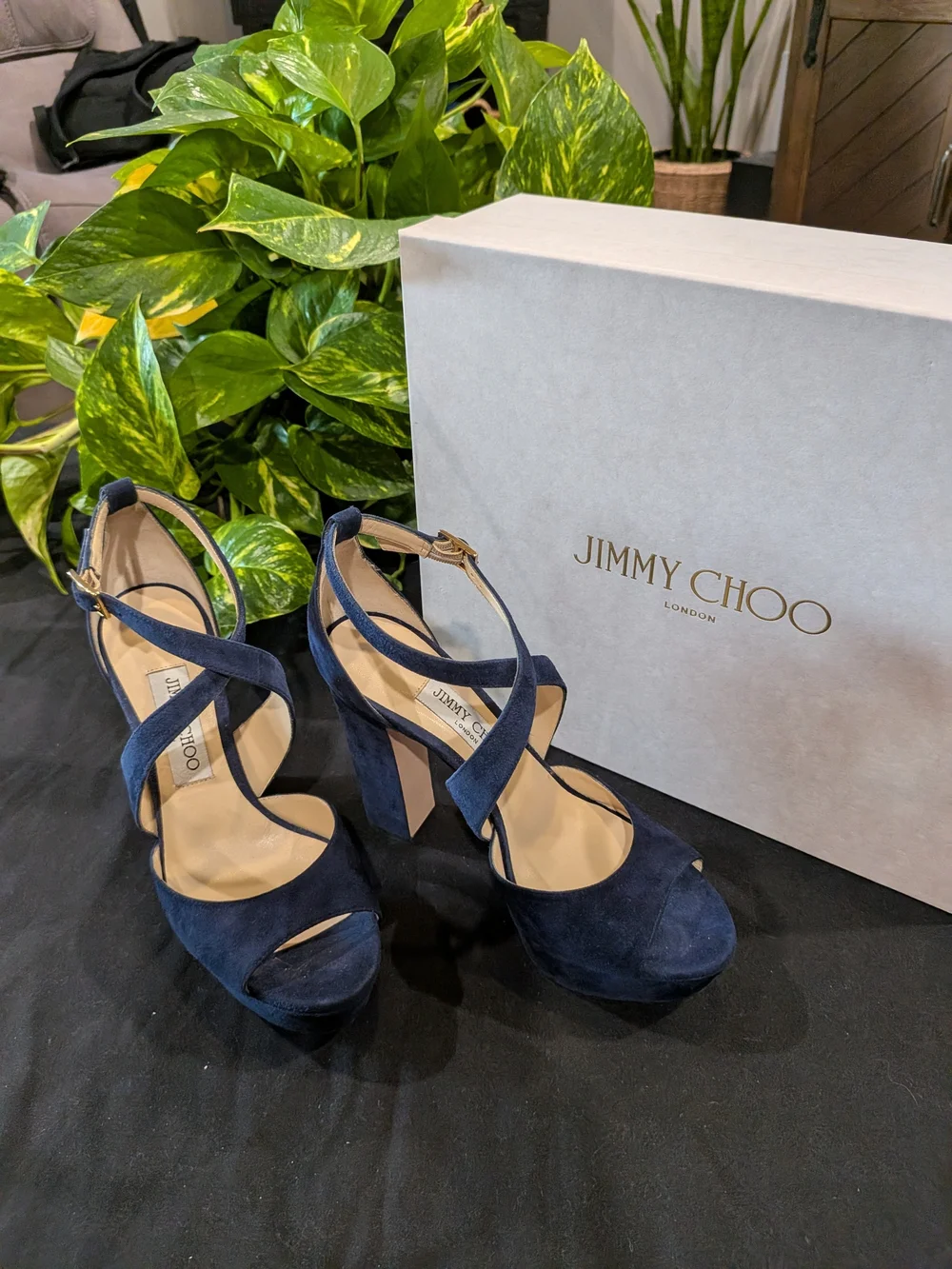 Jimmy Choo April 120 Women's Navy Suede Crisscross Platform High Block Heel
